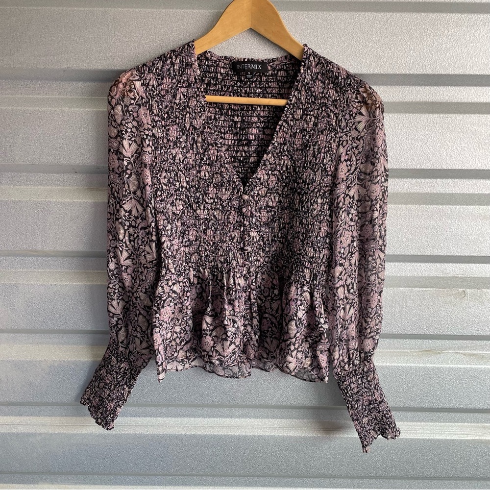 Intermix Silk Blouse Sheer Smocked Black Lavender Floral V Neck Puff Sleeve